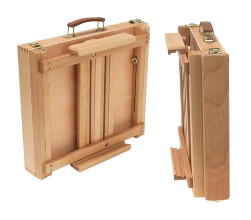 Paintersisters® Professionelle Tischstaffelei, Sitzstaffelei aus FSC Buchenholz, Keilrahmen bis 80cm, Kunstkoffer, Skizzenbox, klappbar