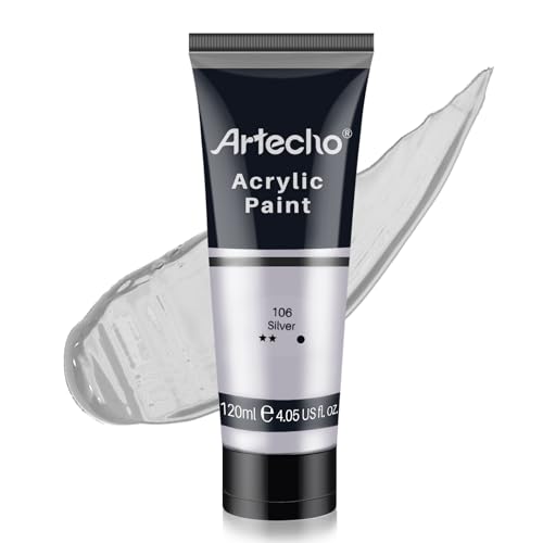 Artecho Acrylfarbe Silber 120 ml, Wasserfest und Lichtecht, Schnell Trocknend, Acrylfarbe für Leinwand, Holz, Stoff, Handwerk, Leder und Stein.