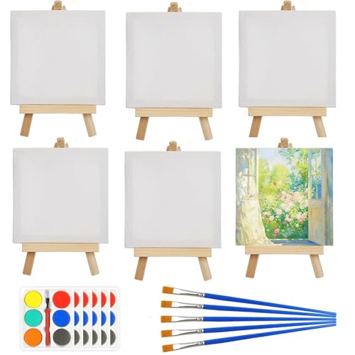 GOTRUST 6 Stück Mini Leinwand mit Staffelei 10x10cm, Tischstaffelei Holz Klein Set, Mini Staffeleien mit Kunst Leinwände, Tisch Dekoration Staffeleien Kit für Display Fotos Kinder Malen