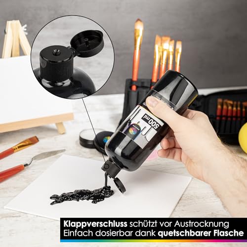 OfficeTree Acrylfarbe Schwarz 500ml - Acrylfarbe Wasserbasis Schwarz- Black Acrylic Paint für Acrylmalerei, Hobbykünstler - Schwarze Acrylfarbe Ideal zum Mischen
