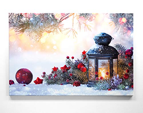 Bezauberndes Wandbild zu Weihnachten, Laterne im Schnee - als großes XXL Leinwandbild 120x80cm. Ideal als Hintergrund und Dekoration für Wohnzimmer & Schlafzimmer. Aufgespannt auf 2cm Holzrahmen