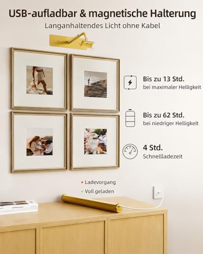 EZVALO kabellose LED Bilderleuchte mit Akku 4000 mAh, Gold, 2er-Set