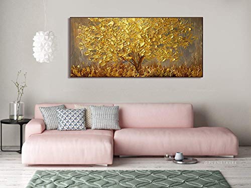 Gemälde Handbemalt Landschafts Wandkunst Ölgemälde140x70cm abstrakter goldfarbener Baum mit Blüten Leinwand - Familienzimmer Wohnzimmer-Kunst (Orlco Art)