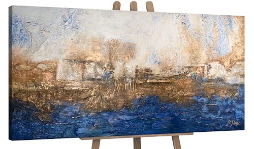 YS-Art Marine handgemalt auf Leinwand: Abstraktes Acryl Gemälde blau und Gold, minimalistisch und modern, echte Kunst für Wohnzimmer und Büro, großformatiges Wandbild maßgeschneidert 200x100 cm
