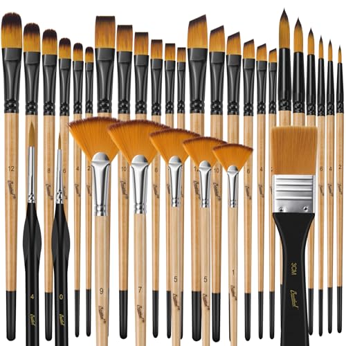 Bougimal Pinselset Acrylfarben, 32 Acryl Pinsel Set, Künstlerpinsel mit rund, eckig, flach, Fan Pinsel Set für Künstler und Anfänger zum Malen