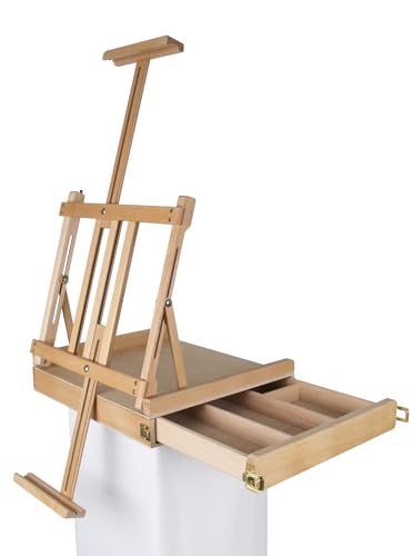 Paintersisters® Professionelle Tischstaffelei, Sitzstaffelei aus FSC Buchenholz, Keilrahmen bis 80cm, Kunstkoffer, Skizzenbox, klappbar