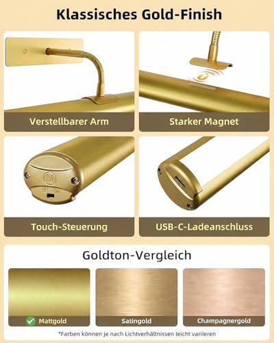 EZVALO kabellose LED Bilderleuchte mit Akku 4000 mAh, Gold, 2er-Set