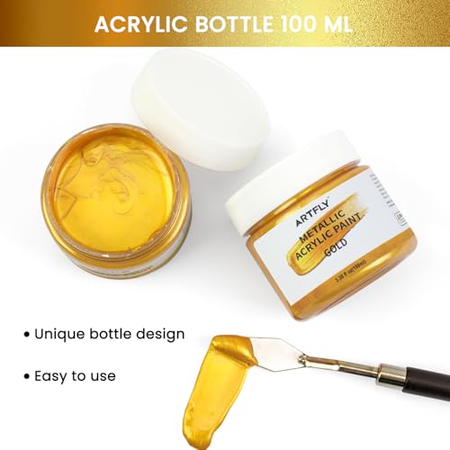 ARTFLY Acrylfarbe Metallic Gold 100 ml, lichtecht, ungiftig, für Leinwand, Holz, Stoff und Keramik