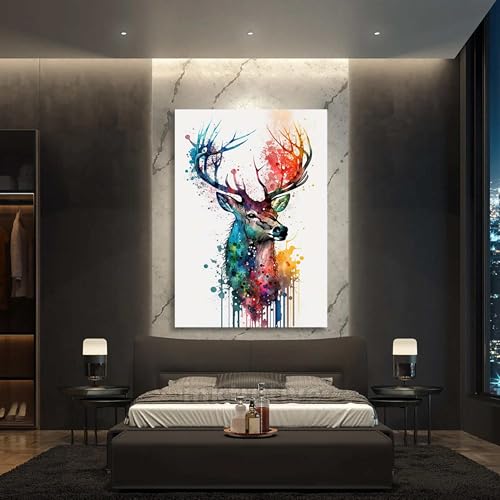 Blue Booms Hirsch Abstrakt Bunt in Wasserfarben-Stil Hochformat LEINWAND 80x120 Ohne Rahmen