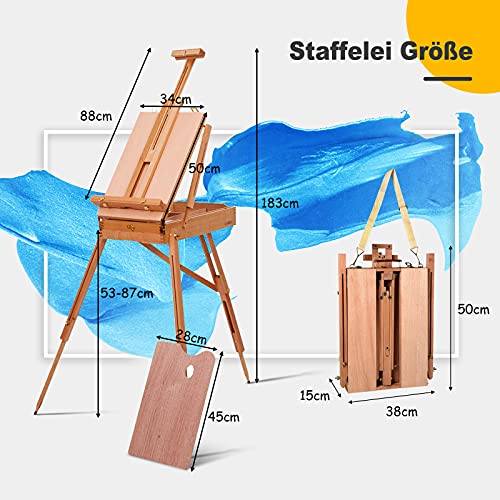 COSTWAY große Holzstaffelei 183 cm, klappbar mit Ablage, Schublade und Schultergurt