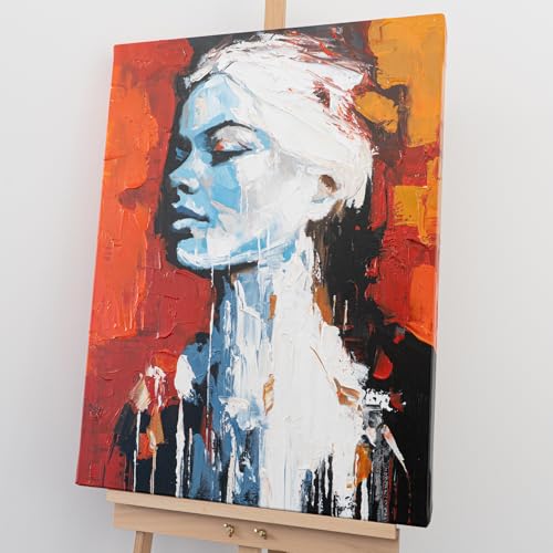 AUREDAS Wandbild 90×120 cm – Handgemaltes Acrylgemälde auf Leinwand – Schwarz – Rot – Orange – Abstraktes Frauenportrait – Hochformat – Schwarz/Weiß – moderne Wanddekoration