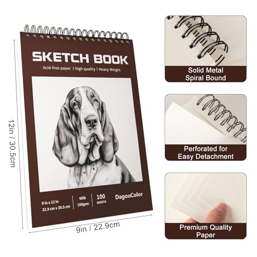 DagouColor 100 Blatt Spiralgebundener Sketch Book Skizzenbuch, Säurefreies Papier, Zeichnen & Schreiben, Professionelle Qualität, 100 gsm, 22.9CM X 30.5CM
