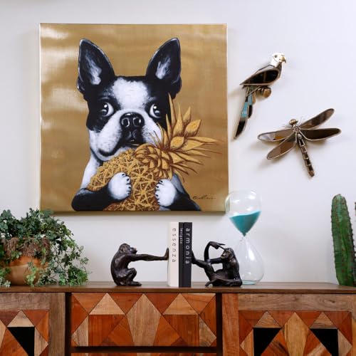 Kare Design Bild Touched Dog with Pineapple, Gold, Leinwandbild, Hund, Acrylfarbe, Canvas, Tannenholz Rahmen, handgemalte Details, Abstrakt, Modern, Wohnzimmer, Schlafzimmer, Flur, 80x80x4 cm (H/B/T)