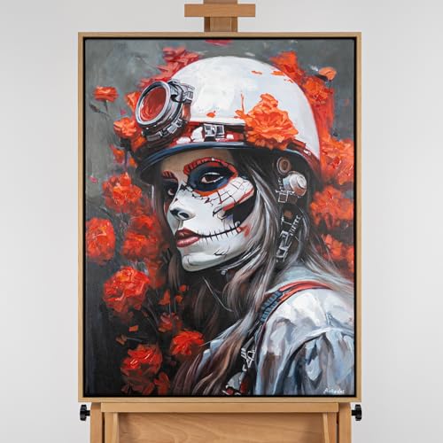 AUREDAS Wandbild 60x80 handgemaltes Kunstwerk in Rot und Weiß im modernen Hochformat mit Eiche-Hell Rahmen für Wohnzimmer, Büro und Schlafzimmer Motiv: Schattenkriegerin