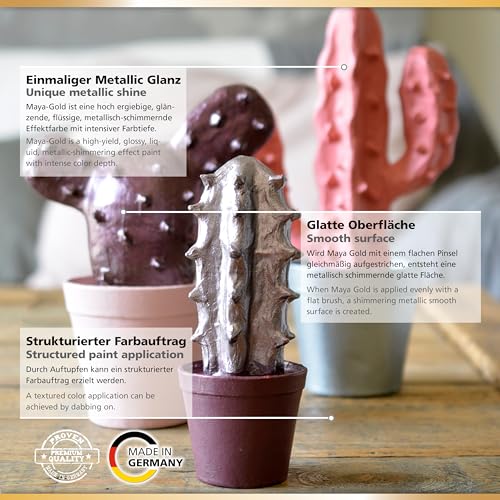 Viva Decor Maya Gold 250ml (Silber) - Metallic-Acrylfarbe für kreative Werke auf Holz, Glas und Porzellan. Stoßfest, wischfest und wetterfest für glänzende Metall- / Metallic Effekte