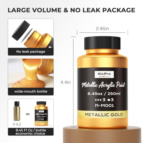 Nicpro Acrylfarben Gold Metallic, 250 ml, für Holz, Metall, Stoff, Leinwand und mehr