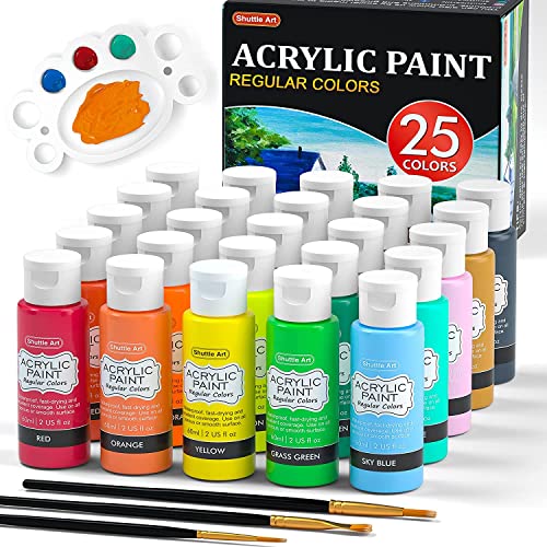 Acrylfarben Set, Shuttle Art 25 bunte Acryl Farben in Flaschen (je 60ml) mit 3 Pinselset, hochpigmentiert, Acrylfarbe wasserfest für Künstler, Anfänger, Erwachsene auf Leinwand, Steine, Holz geeignet
