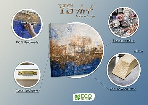 YS-Art Marine handgemalt auf Leinwand: Abstraktes Acryl Gemälde blau und Gold, minimalistisch und modern, echte Kunst für Wohnzimmer und Büro, großformatiges Wandbild maßgeschneidert 200x100 cm