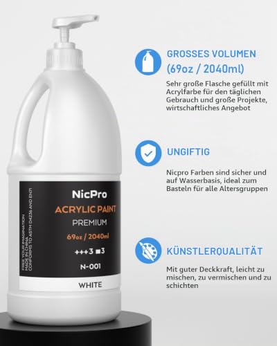 Nicpro Weißes Acrylfarben Set 2040 ml, wasserbasiert, mit Pumpe, 1er Pack