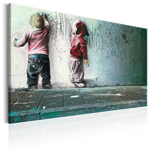 B&D XXL - Wandbilder XXL Banksy Kids Painting 120x80 cm 1 tlg Wand Deko Leinwand Bilder Groß Wanddeko Wohnzimmer Schlafzimmer Kunstdrucke - Poster Kinder Mural Graffiti Street Art i-B-0024-b-c