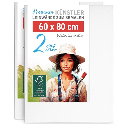 2er-Set Künstler-Leinwand zum Bemalen 60x80cm groß. Die leere, weiße Leinwand aus 100% Baumwolle ist umlaufend gespannt auf FSC® Holz-Keilrahmen mit 17mm Stärke, 280g/m², 2-fach weiß grundiert