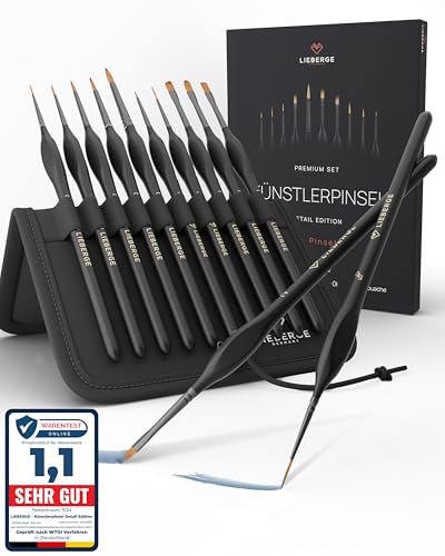 LIEBERGE Premium Detail Pinselset Acrylfarben – 10 extra feine Pinsel für höchste Präzision – Acryl Pinsel, Aquarellpinsel, Modellbau Pinsel – Inklusive hochwertigem Präsenter
