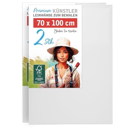 2er-Set Künstler-Leinwand zum Bemalen 70x100cm groß. Die leere, weiße Leinwand aus 100% Baumwolle ist umlaufend gespannt auf FSC® Holz-Keilrahmen mit 17mm Stärke, 280g/m², 2-fach weiß grundiert