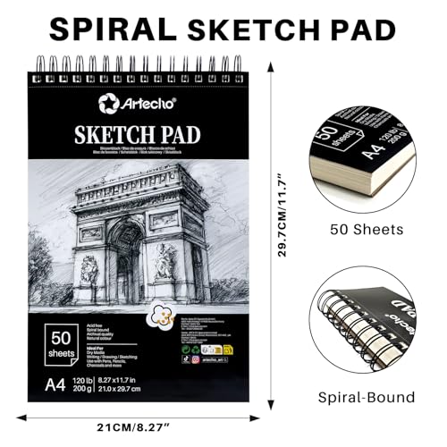 Artecho Skizzenbuch A4, 50 Blatt, 200 g/m², Spiralbindung, Hardcover, Schwarz