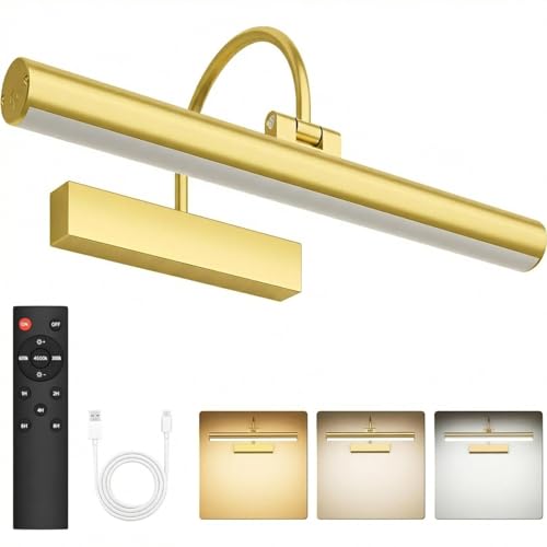 Gresonic kabellose Bilderleuchte Akku, 42 cm, 3 Lichtfarben, dimmbar, Gold