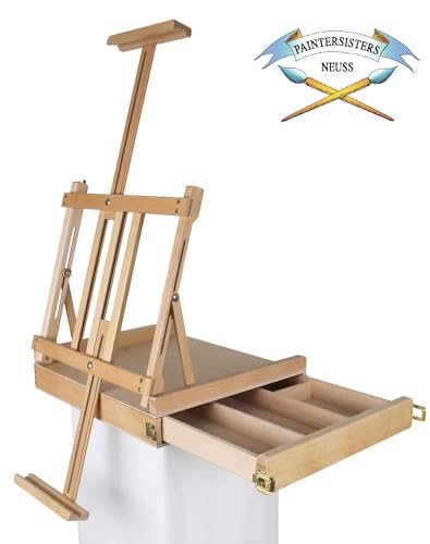 Paintersisters® Professionelle Tischstaffelei, Sitzstaffelei aus FSC Buchenholz, Keilrahmen bis 80cm, Kunstkoffer, Skizzenbox, klappbar