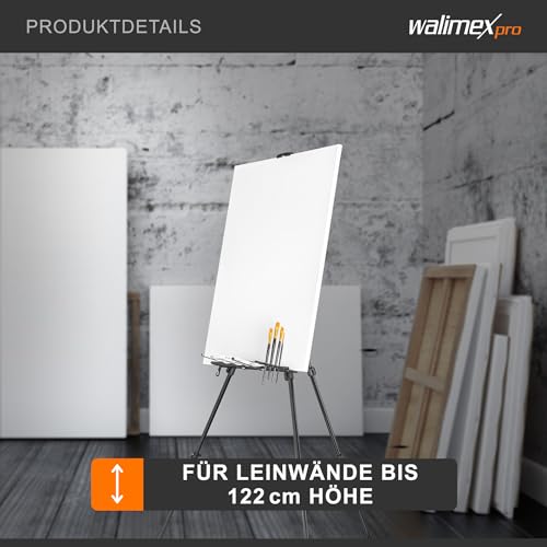 Walimex pro Staffelei L 50-165cm, Aluminium I ideal als Atelierstaffelei, Tischstaffelei & Feldstaffelei I für Leinwände bis HxT: 122x4cm, bis 6kg I Ablage & Halterung für Farben & Pinsel, mit Tasche