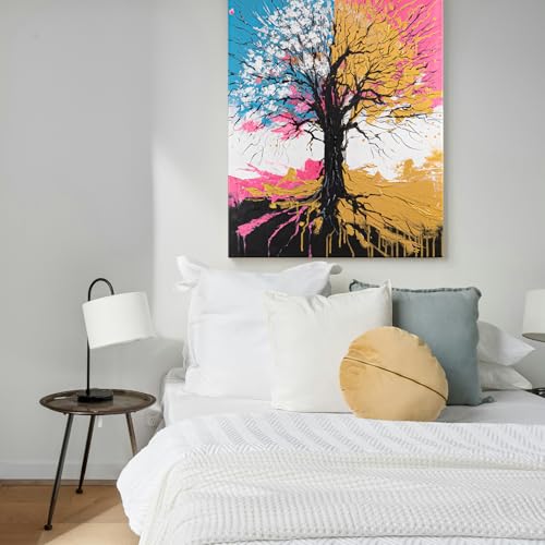 Handgemaltes Acrylgemälde in Blau, Pink und Gold auf Leinwand im Hochformat Chromatischer Wipfel 60x80 cm ohne Rahmen für Wohn- und Arbeitsräume