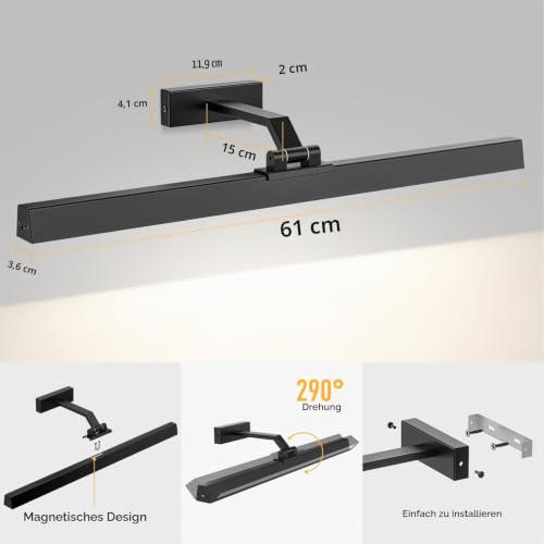 AIBOO kabellose LED Bilderleuchte 60 cm, aufladbar mit Fernbedienung, Schwarz
