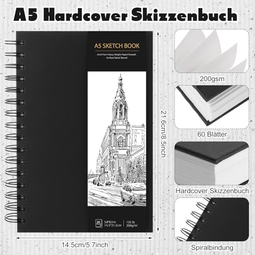 WSICSE Skizzenbuch A5 Weiß, 200 g/m², 120 Seiten, Spiralbindung