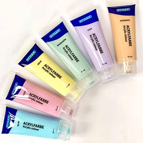 Stylex 28629 - Pastell Acrylfarben im Set, 6 Tuben á 75 ml, auf Wasserbasis hergestellt, matt, hohe Deck- und Farbkraft, lichtbeständig, schnelltrocknend und wasserfest