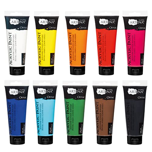Artina Crylic 10 x 120ml Acrylfarben Set - 10 Farben hochwertige Künstlerfarben Acryl Farben Set - Acrylfarbe für Hobby-Künstler & Profis, Malfarbe für Leinwand, Holz, Steine etc.