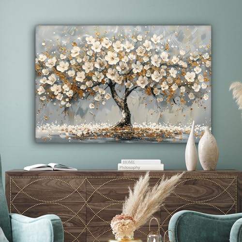 MuchoWow© Leinwand Bilder Groß 120x80 cm XXL Wanddeko Wohnzimmer Aesthetic Room Decor Deko Zimmer Wandbilder Modern Bild auf Leinwand Baum - Blumen - Weiß - Natur - Kunst