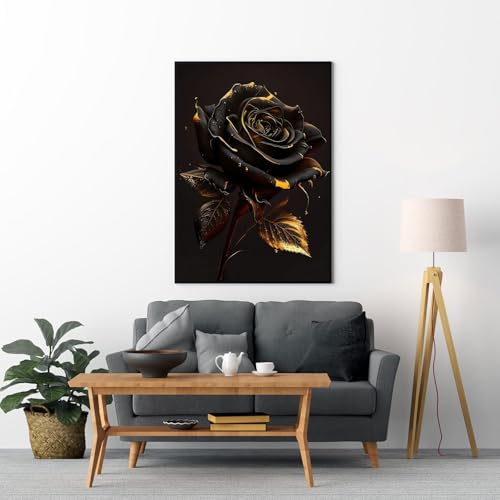 VTRXEG Bilder Schwarz Blume Gold Abstrakt,Modernes blumen bilder auf leinwand,Für Wohnzimmer Schlafzimmer Wanddekoration poster Ohne Rahmen (80x120cm)