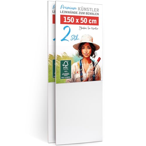 2er-Set Künstler-Leinwand zum Bemalen 50x150cm groß. Die leere, weiße Leinwand aus 100% Baumwolle ist umlaufend gespannt auf FSC® Holz-Keilrahmen mit 17mm Stärke, 280g/m², 2-fach weiß grundiert