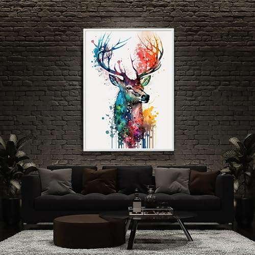 Blue Booms Hirsch Abstrakt Bunt in Wasserfarben-Stil Hochformat LEINWAND 80x120 Ohne Rahmen