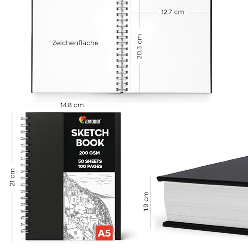 Zenacolor A5 Skizzenbuch mit 200 g/m² Papier, 100 Seiten, Spiralbindung