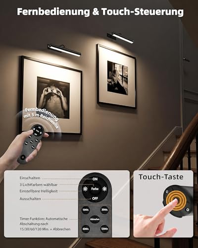 EZVALO kabellose LED Bilderleuchte mit Akku, 3 Farbtemperaturen, 2er-Set, Schwarz