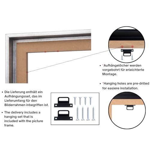 CLAMARO 'SFR35' Schattenfugenrahmen für 100x140 cm Keilrahmen | Silber | MDF-Holz Bilderrahmen für Keilrahmen Leinwände inkl. Aufhänger und Montagematerial