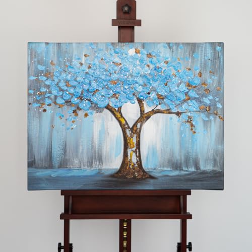 AUREDAS handgemaltes Acrylbild 80×60 cm – Natur Abstrakt – Blau – Baum der Ewigkeit – Querformat – Leinwand – moderne Wanddekoration – hochwertiger Druck
