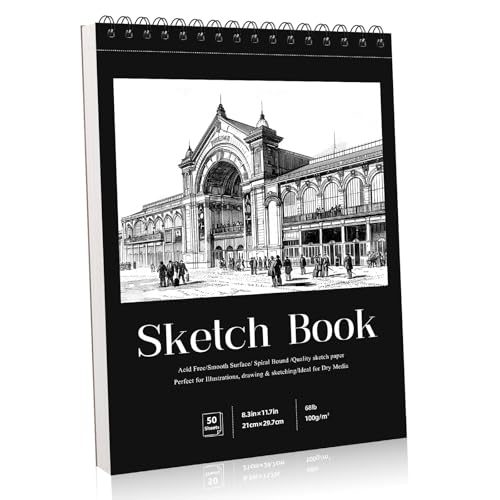 WSICSE Zeichenblock A4, 50 Blatt, 100 g/m², Spiralbindung, Hardcover, Schwarz