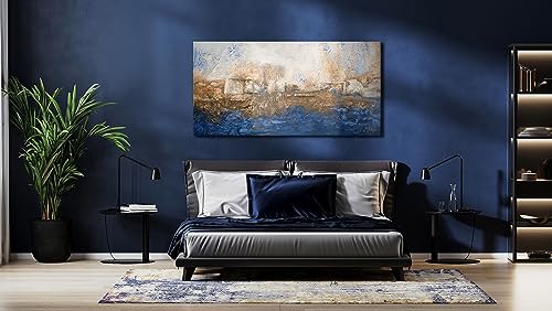 YS-Art Marine handgemalt auf Leinwand: Abstraktes Acryl Gemälde blau und Gold, minimalistisch und modern, echte Kunst für Wohnzimmer und Büro, großformatiges Wandbild maßgeschneidert 200x100 cm
