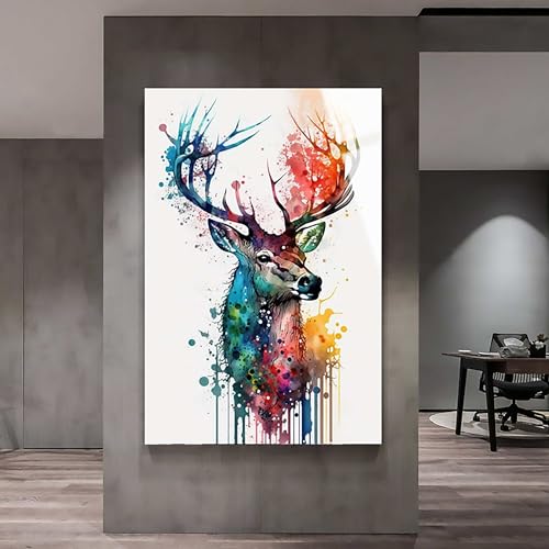 Blue Booms Hirsch Abstrakt Bunt in Wasserfarben-Stil Hochformat LEINWAND 80x120 Ohne Rahmen