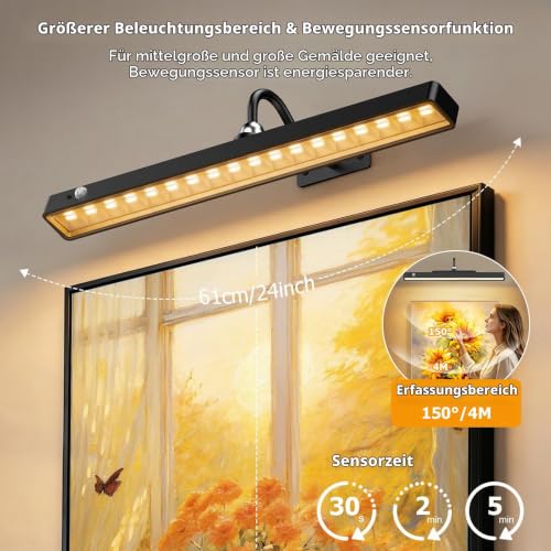 ceshu 40 cm Bilderleuchte kabellos mit Bewegungssensor, 6000-mAh-Akku, dimmbar