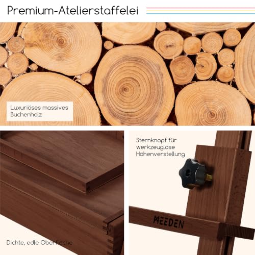 MEEDEN große Holzstaffelei aus Buchenholz mit Stauraum, H-Gestell, dunkel Nussbaum