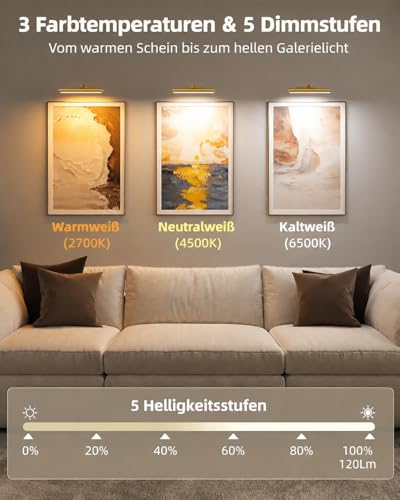 EZVALO kabellose LED-Bilderleuchte mit Akku 4000 mAh, Gold, 33 cm